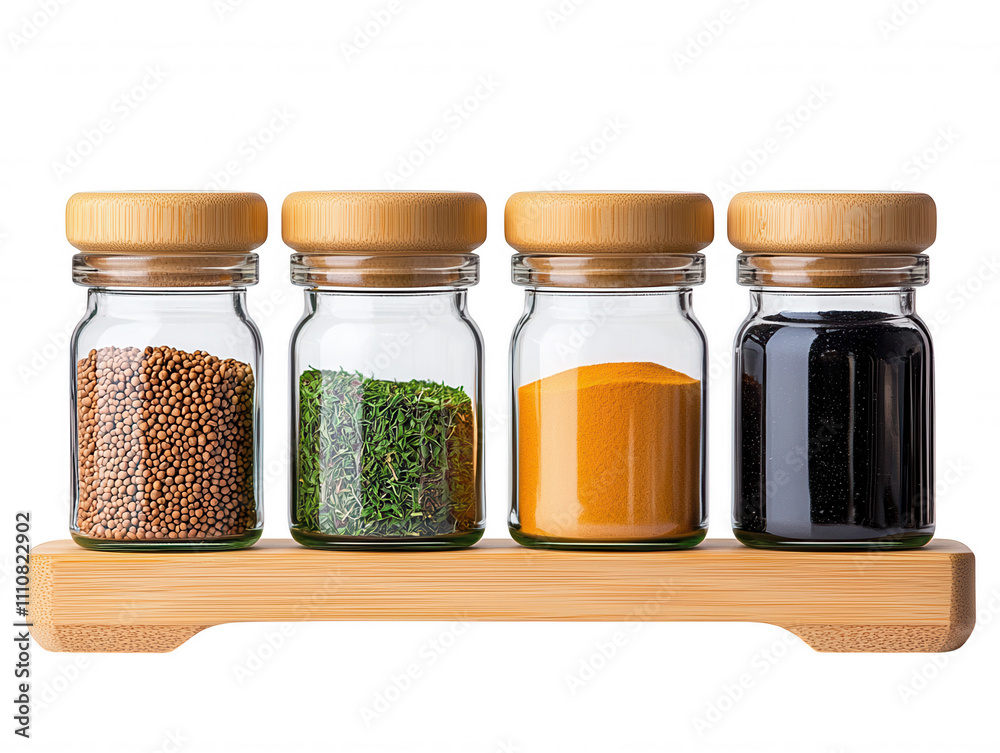 Colorful Spice Rack with Glass Jars & Diverse Spices Displayed Colorful Spice Rack with Glass Jars & Diverse Spices Displayed