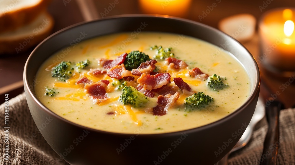 Photo of, A bowl of creamy broccoli cheddar soup garnished with crumbled bacon, Soup in bowl Photo of, A bowl of creamy broccoli cheddar soup garnished with crumbled bacon, Soup in bowl