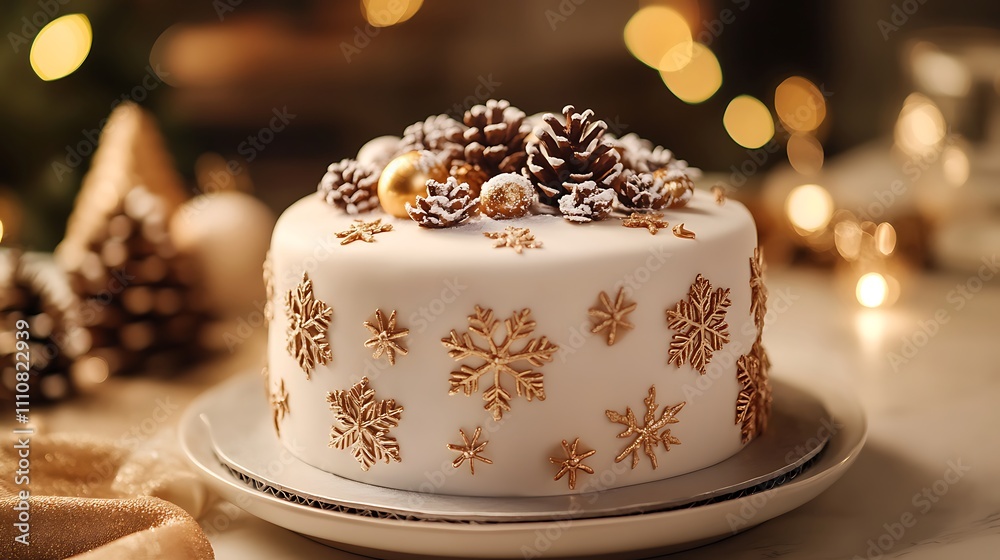 Fototapeta premium A New Year cake designed with winter motifs, including frosted snowflakes, pine cones, and shimmering gold accents, sitting in a warmly lit festive environment.