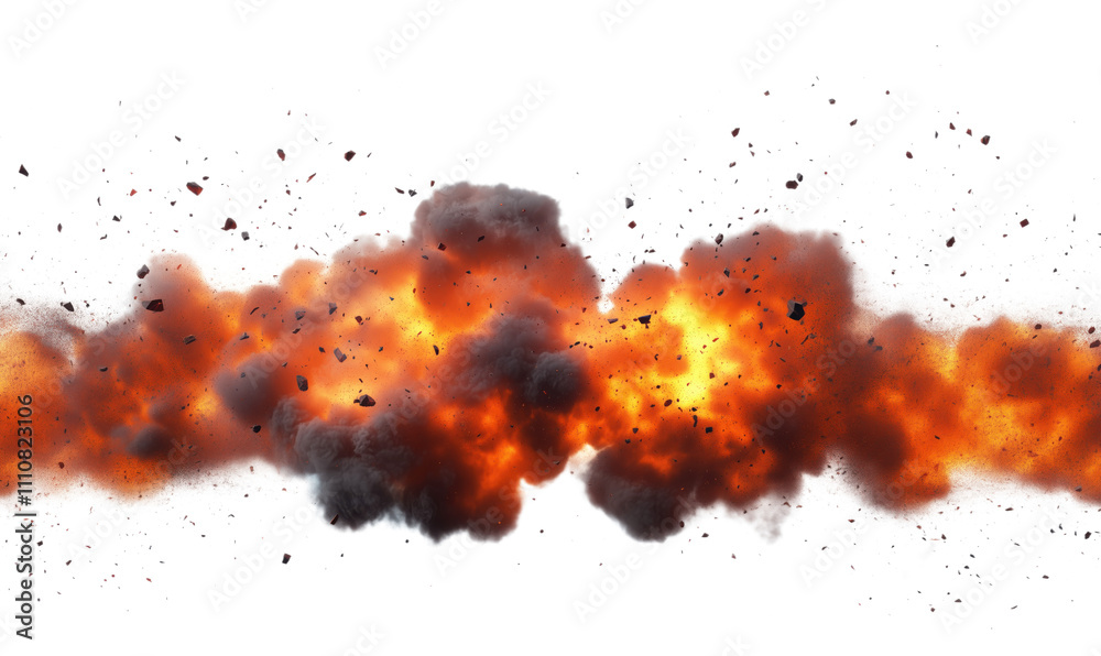 Explosion with debris and flames, fiery blast, smoke clouds, intense energy, chaotic scene, isolated on transparent background, png Explosion with debris and flames, fiery blast, smoke clouds, intense energy, chaotic scene, isolated on transparent background, png