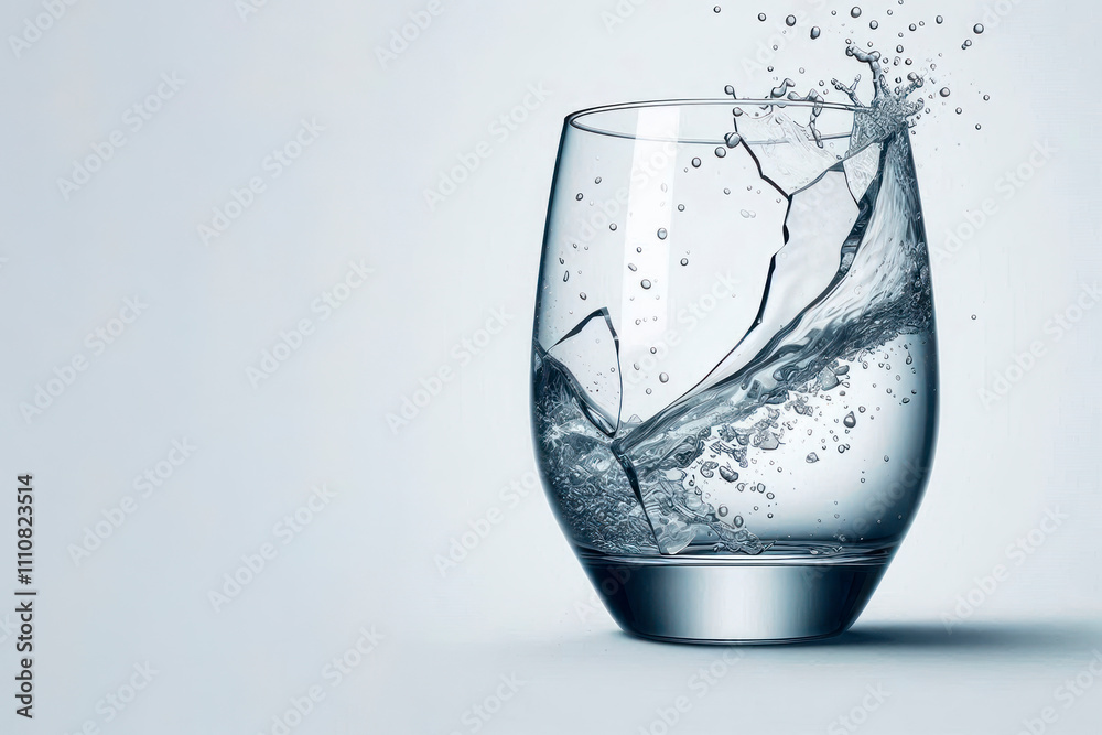 A glass of water and scattered splashes. Space for text. A glass of water and scattered splashes. Space for text.