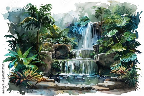 A vibrant watercolor illustration of a lush tropical waterfall surrounded by greenery. photo