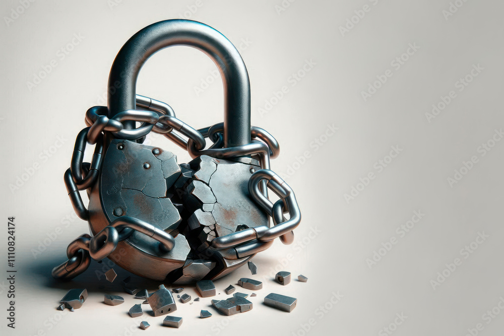 A broken lock with chains. Space for text. A broken lock with chains. Space for text.