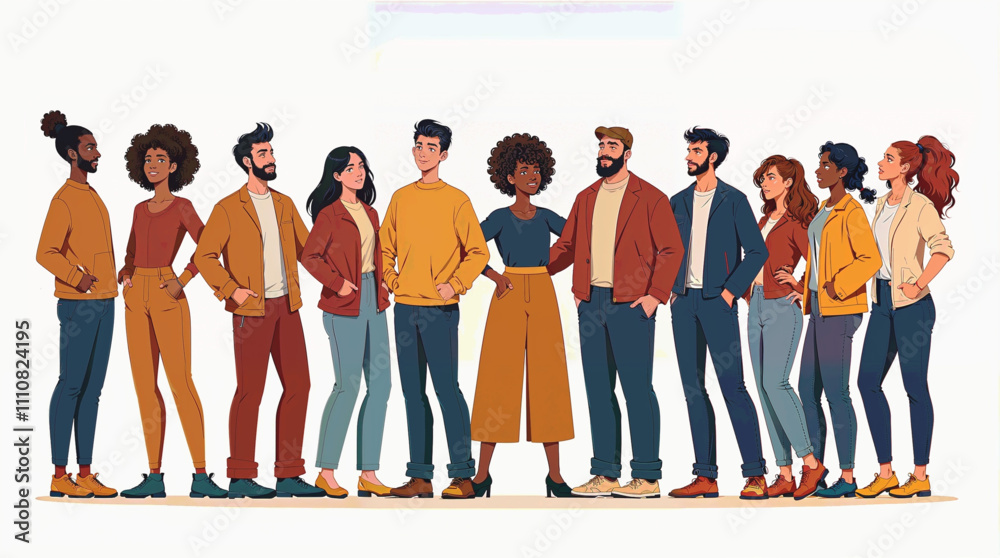 Obraz premium An image showing employees of different ethnic backgrounds coming together to celebrate diversity on a white background. The young people stand side by side, diversity. illustration vector.