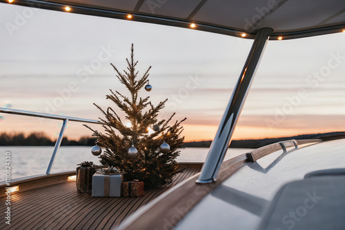 Festive Christmas Tree on Yacht Deck at Sunset