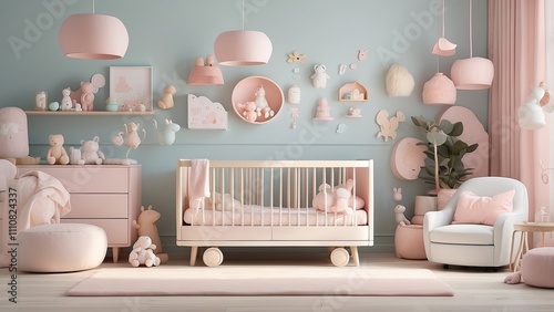 Modern nursery with baby monitoring AI devices, soothing smart lighting, and soft pastel decor.