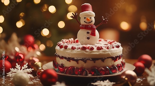 A winter-themed New Year cake with a frosted snowman topper, surrounded by candy snowflakes and festive decorations in a warmly lit holiday setting.