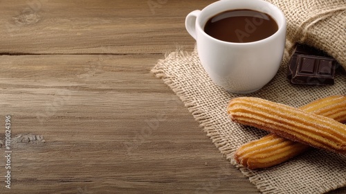 Delicious churros served with a cup of hot chocolate on a rustic wooden table.
