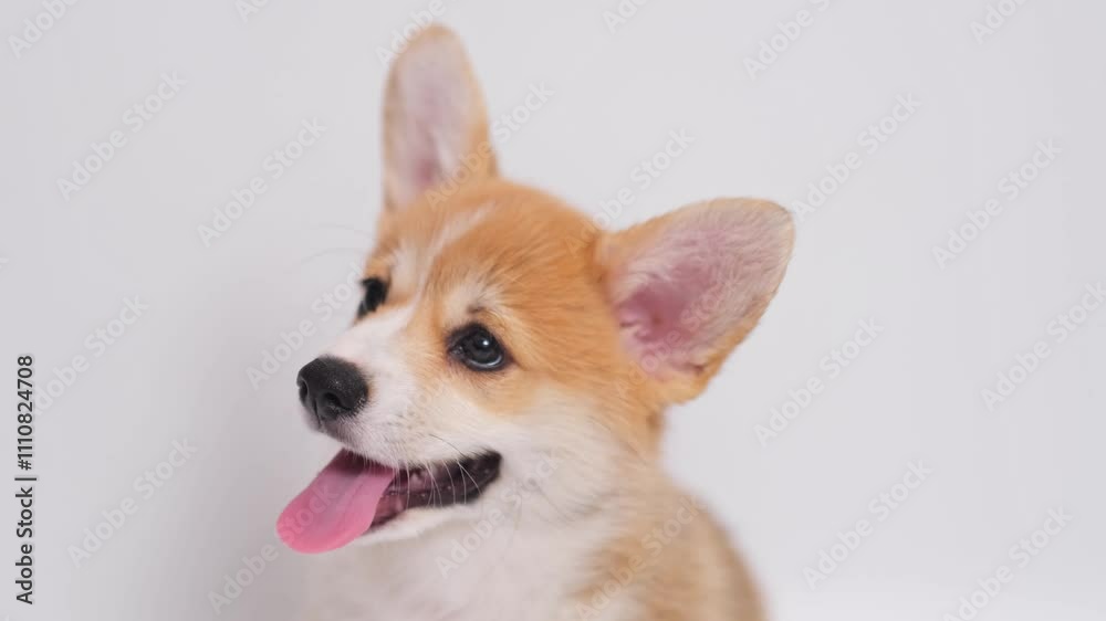Portrait of adorable happy smiling ginger Welsh Corgi pembroke cute fluffy dog puppy. funny animals on white background looking at camera with copy space. love pets. vertical 4k footage