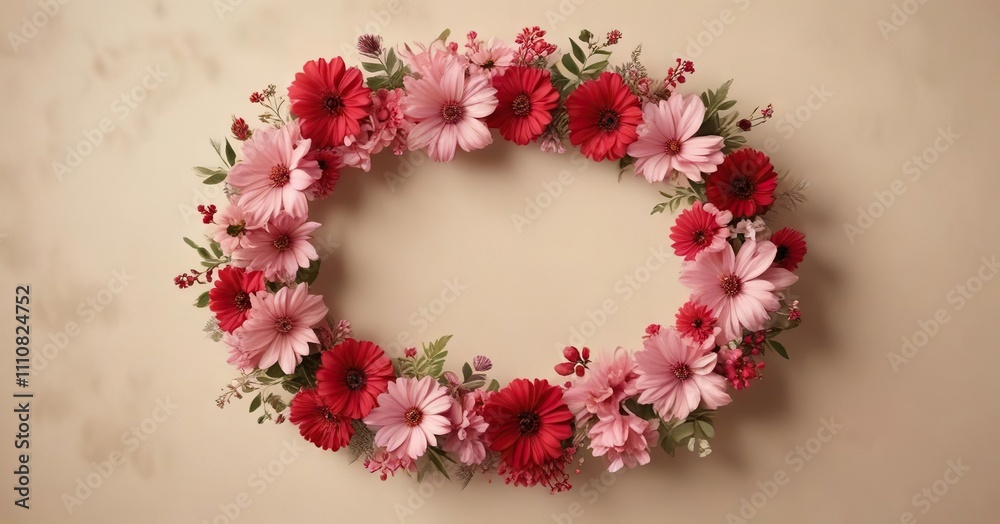 A delicate floral wreath made of pink and red flowers against a warm beige background , earthy tones, floral wreath A delicate floral wreath made of pink and red flowers against a warm beige background , earthy tones, floral wreath