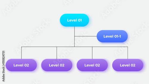 Business hierarchy chart infographics. Corporate organizational structure graphic elements with 2 levels. The top-level connects to 4 subordinate nodes