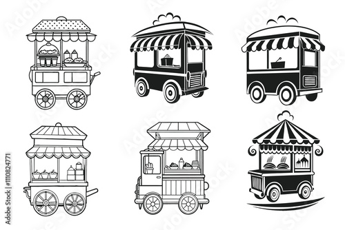 Set of Popcorn Food Car vector silhouette line art 