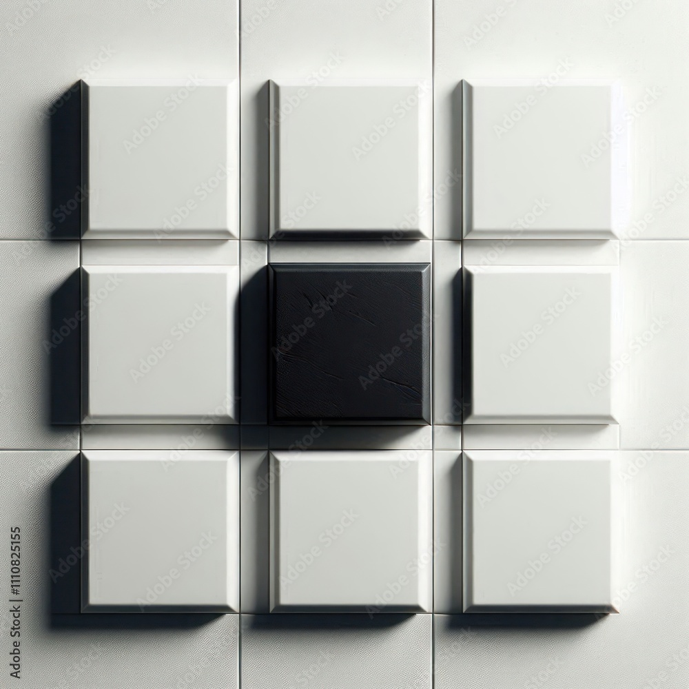 A black square on a white tile surface. A black square on a white tile surface.