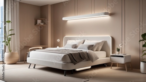 Smart guestroom with customizable lighting, AI-controlled temperature, and a foldable workspace. photo