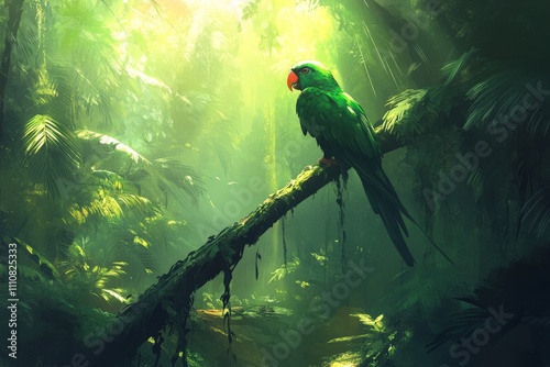 Serene Green Parrot in a Lush Tropical Rainforest photo