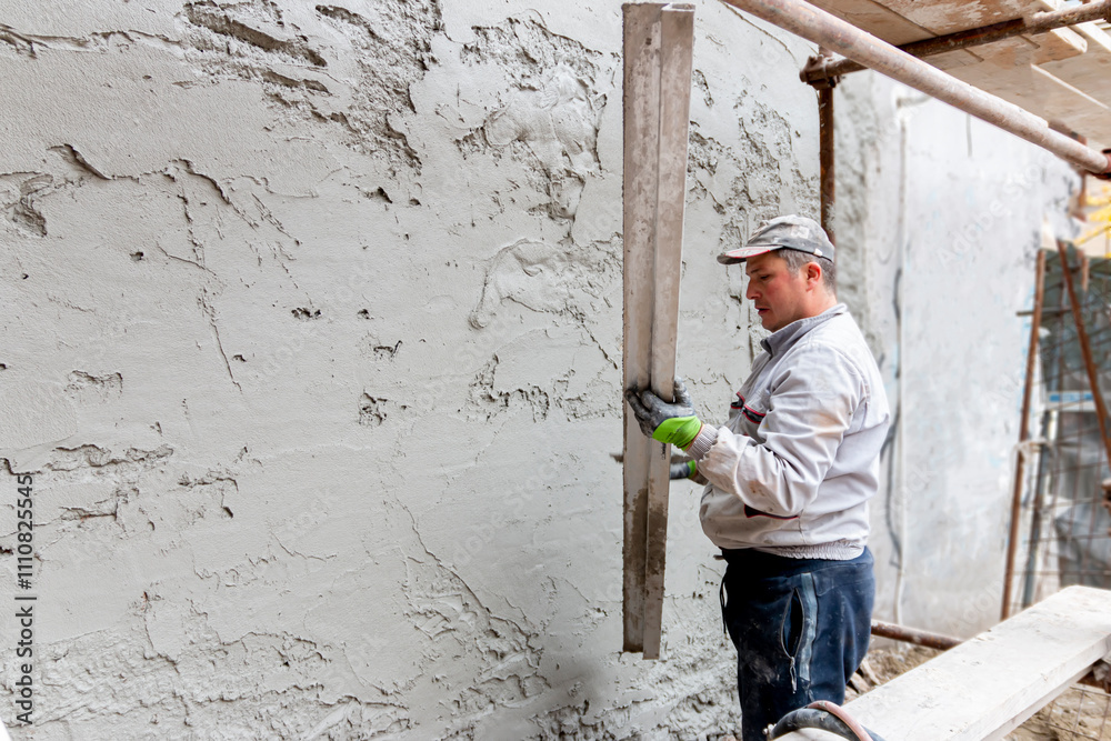 A worker hand removes excess plaster with leveler and spatula. Renovation