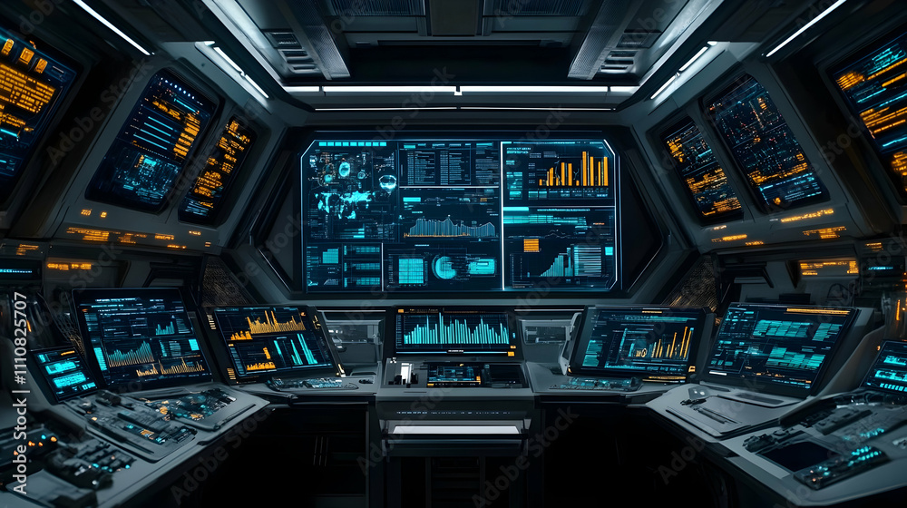 Futuristic spaceship control room interior with glowing monitors displaying data.