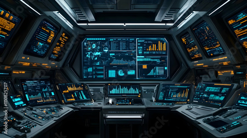 Fototapeta Naklejka Na Ścianę i Meble -  Futuristic spaceship control room interior with glowing monitors displaying data.