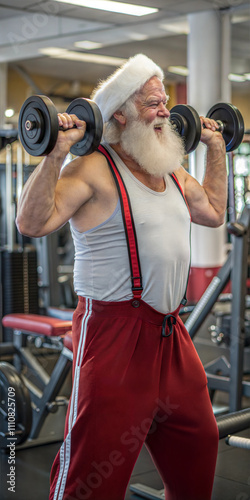 Santa Fitness Workout Santa Claus Lifting Weights in a Gym During Christmas Season