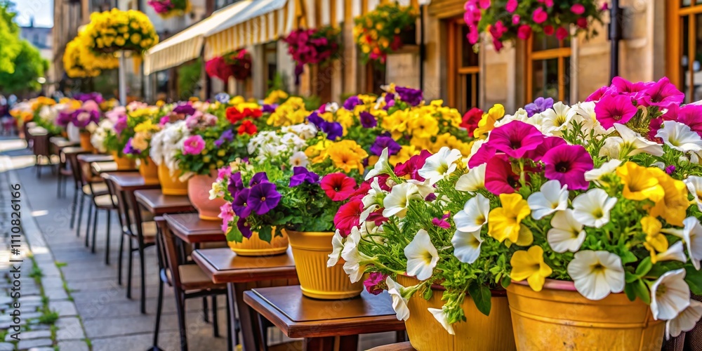 Vibrant Mixed Petunia Flowers in Bloom: A Panoramic View of Seasonal Beauty in Pots on a Terrace and Street Cafe, Showcasing White and Yellow Petunias in Floral Detail Vibrant Mixed Petunia Flowers in Bloom: A Panoramic View of Seasonal Beauty in Pots on a Terrace and Street Cafe, Showcasing White and Yellow Petunias in Floral Detail