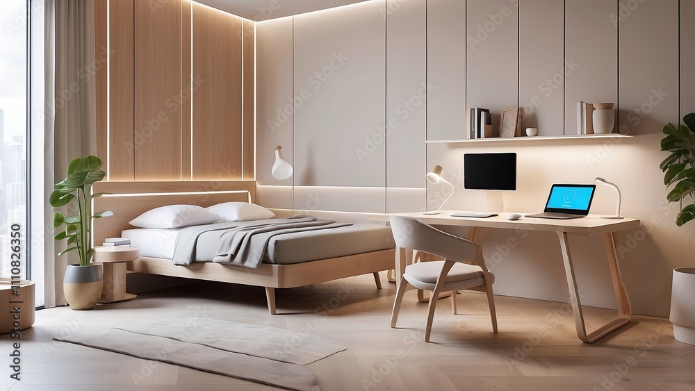 .Smart guestroom with customizable lighting, AI-controlled temperature, and a foldable workspace .Smart guestroom with customizable lighting, AI-controlled temperature, and a foldable workspace