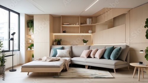 Small apartment with foldable tech-integrated furniture and touch-controlled multi-purpose walls.