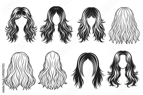 Set of Loose long hair vector silhouette line art 