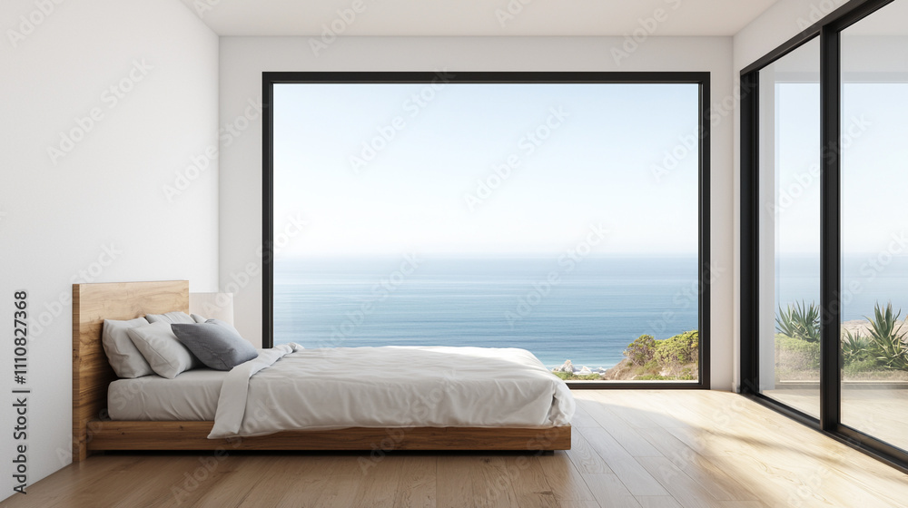 Minimalist bedroom interior with ocean view through large windows, emphasizing tranquility and modern design. Minimalist bedroom interior with ocean view through large windows, emphasizing tranquility and modern design.