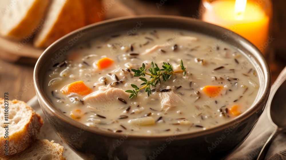 Photo of, A bowl of creamy chicken and wild rice soup garnished with fresh thyme, Soup in bowl Photo of, A bowl of creamy chicken and wild rice soup garnished with fresh thyme, Soup in bowl