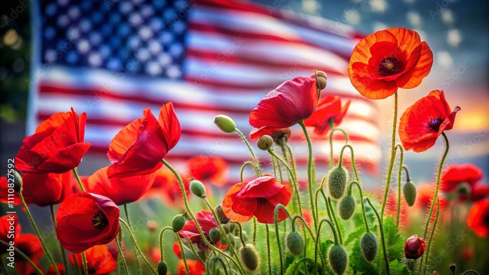 Obraz premium Vibrant Red Poppies in Front of a Blurry American Flag Background, Celebrating Patriotism and Nature's Beauty in a Captivating Food Photography Scene