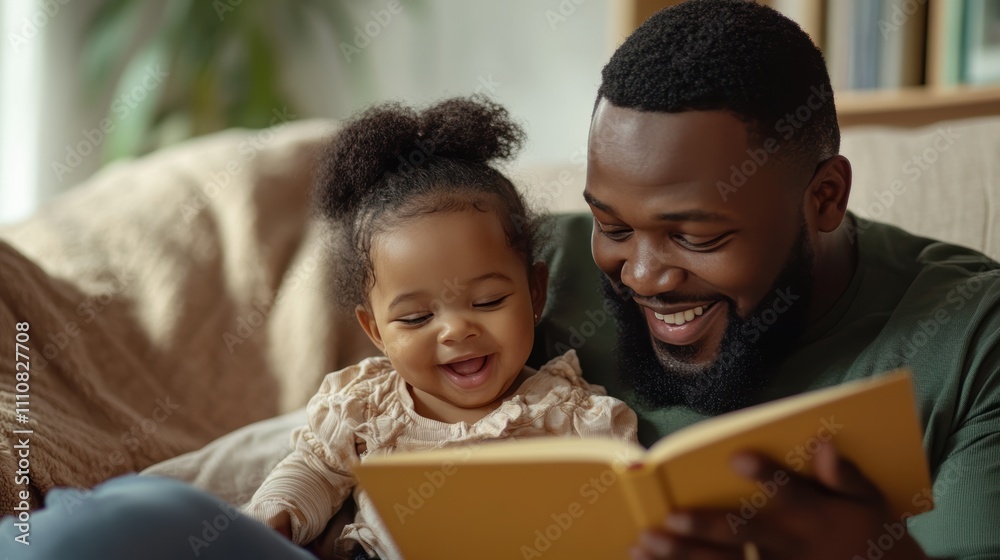 Fototapeta premium Happy father relax and read book with baby time together at home. parent sit on sofa with daughter and reading a story. learn development, childcare, laughing, education, storytelling, practice.