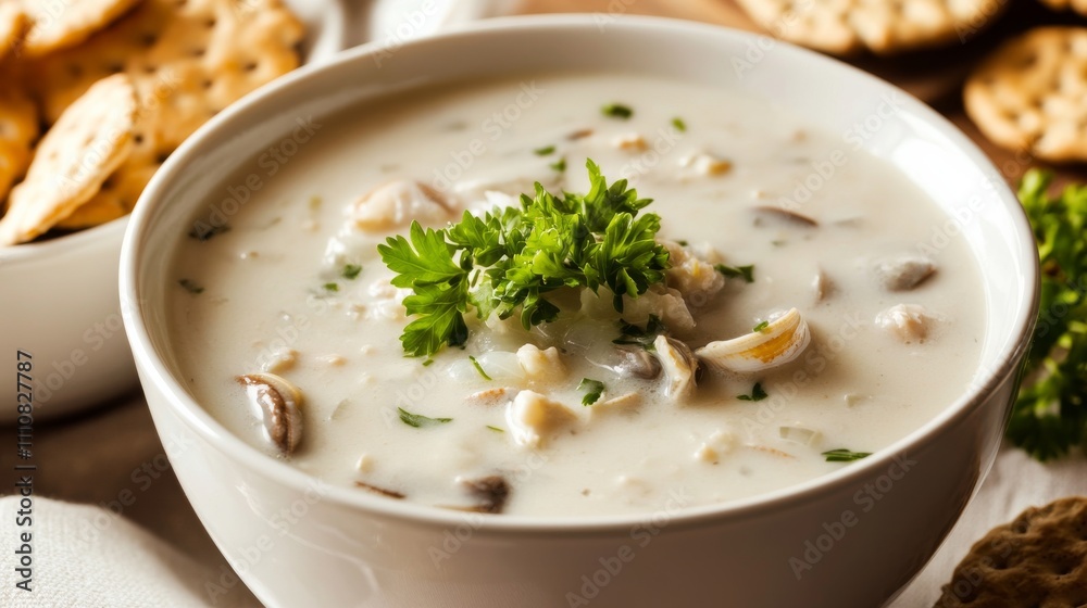 Photo of, A bowl of creamy clam chowder garnished with fresh parsley, Chowder in bowl Photo of, A bowl of creamy clam chowder garnished with fresh parsley, Chowder in bowl
