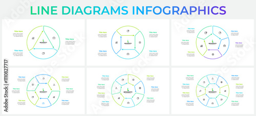 Set of infographic outline cycle diagrams with 3, 4, 5, 6, 7 and 8 options, steps or processes