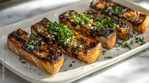 Burnt Basque Garlic Bread with Roasted Bone Marrow and Fresh Herbs, Modern Tapas Photography