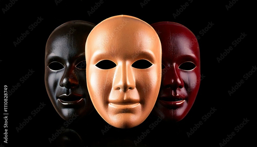 Three Faces Latex Mask Isolated Against Black Background. Three Faces Latex Mask Isolated Against Black Background.