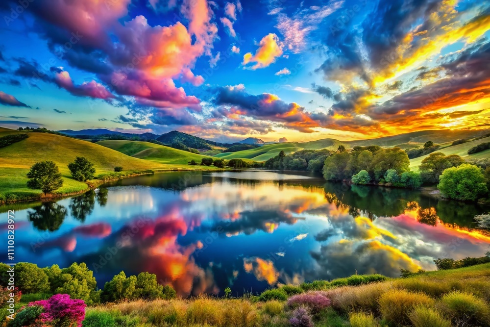 Vibrant Tie-Dye Landscape: A Kaleidoscope of Colors in Nature's Canvas with Stunning Patterns and Bright Hues Captured Under a Clear Sky and Reflective Waters