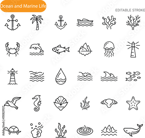 Ocean Marine Life Icons Anchor, Boat, Fish, Coral, Seashells, Whale, Dolphin