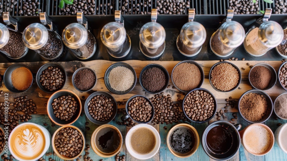 Assorted Coffee Beans and Brews in a Coffee Bar Setup Assorted Coffee Beans and Brews in a Coffee Bar Setup