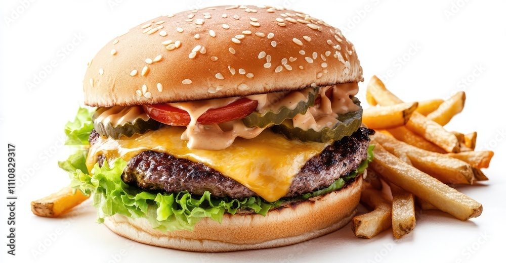 Double cheeseburger with fries. AI generated illustration. Double cheeseburger with fries. AI generated illustration.