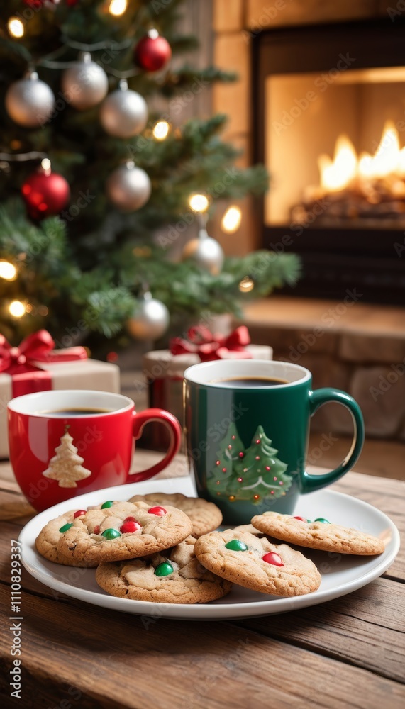 illustration of a Christmas themed greeting card of a living room with a tree and Christmas decorations and a cup with a hot drink and cookies illustration of a Christmas themed greeting card of a living room with a tree and Christmas decorations and a cup with a hot drink and cookies