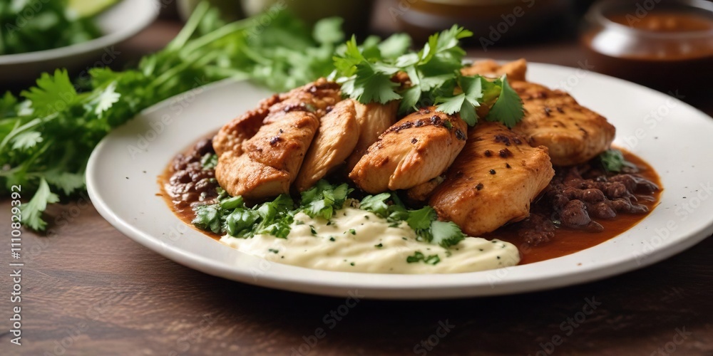A plate of chicken covered in a thick and creamy mole poblano sauce, garnished with fresh cilantro , appetizing dish, vibrant colors A plate of chicken covered in a thick and creamy mole poblano sauce, garnished with fresh cilantro , appetizing dish, vibrant colors