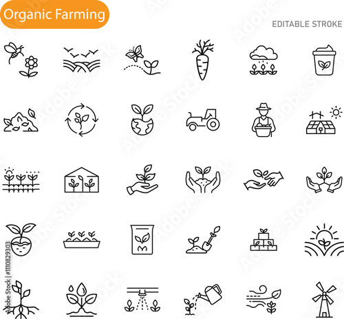 Organic Farming Icons Sustainable Agriculture, EcoFriendly Crops, Natural Growth