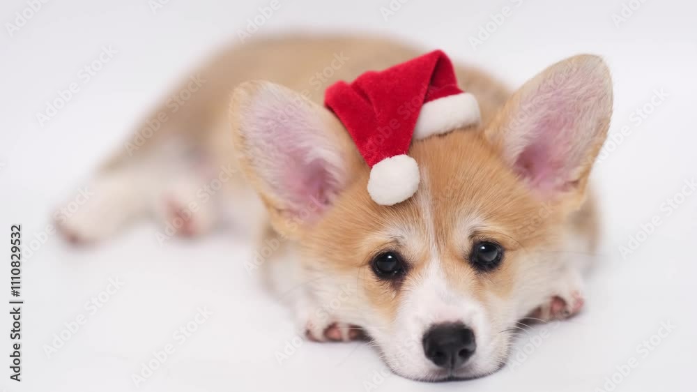 cute funny little Happy Pembroke Welsh Corgi puppy wearing red santa hat on isolated white background looking at camera. new year card and christmas pets concept. banner with copy space horizontal 4k cute funny little Happy Pembroke Welsh Corgi puppy wearing red santa hat on isolated white background looking at camera. new year card and christmas pets concept. banner with copy space horizontal 4k