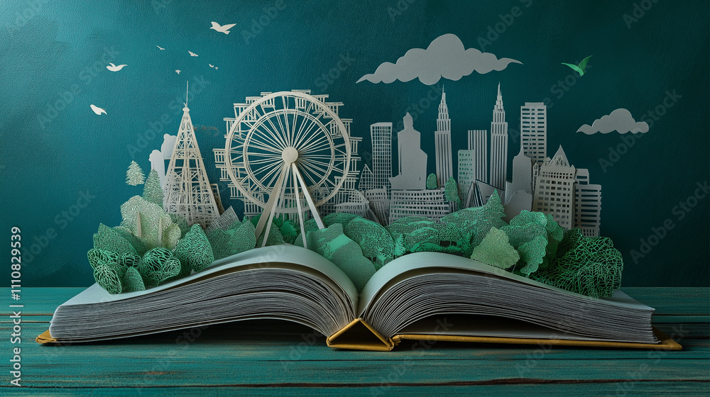 Fototapeta premium Open story book with city view and ferris wheel. 3D creative paper cut art style design 