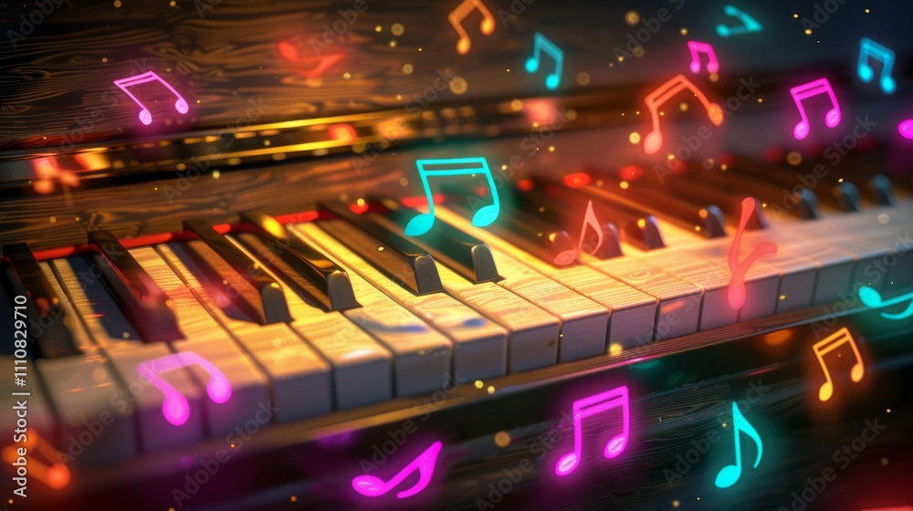 Vibrant Piano Keyboard with Floating Neon Musical Notes Vibrant Piano Keyboard with Floating Neon Musical Notes