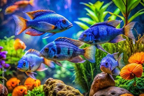Vibrant Urban Exploration Photography of Ram Cichlids in a Lively Aquarium Setting Showcasing Their Stunning Colors and Unique Behaviors in a Captivating Underwater Environment