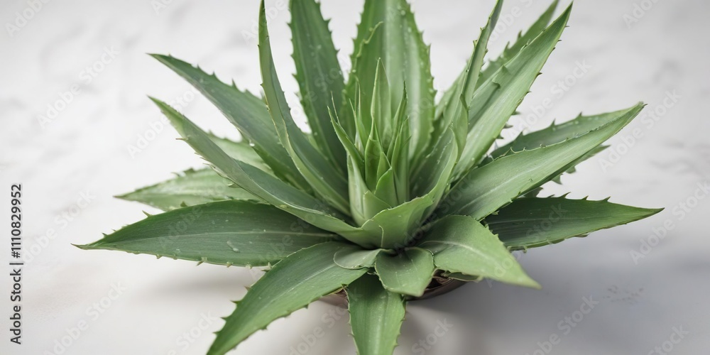Fototapeta premium Aromatic aloe vera leaf with soft texture and ridges on a pristine white surface , plant details, organic produce