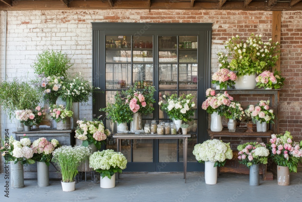 Floral Arrangements Displayed Against a Rustic Brick Wall Floral Arrangements Displayed Against a Rustic Brick Wall