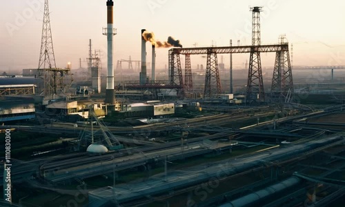 Industrial facility with smokestacks, expansive industrial facility with smokestacks releasing emissions, surrounded by metal structures, pipelines, and a hazy sunset sky, representing energy product photo