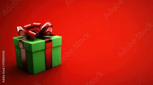 A festive green gift box with a perfectly tied red ribbon, placed on the left side of a smooth red background with a clean area on the right for text